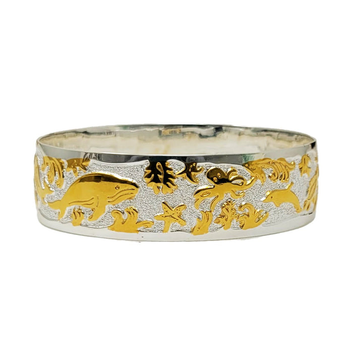 Sterling Silver Two - Tone 18mm Sealife Straight Edge Bangle - Jewelry