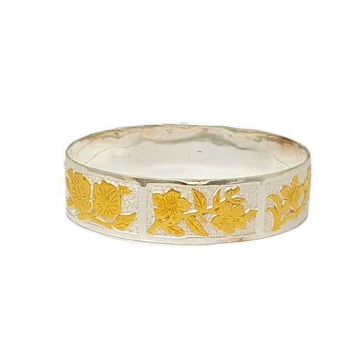 Sterling Silver Two - Tone 18mm Tropical Flowers Straight Edge Bangle - Jewelry