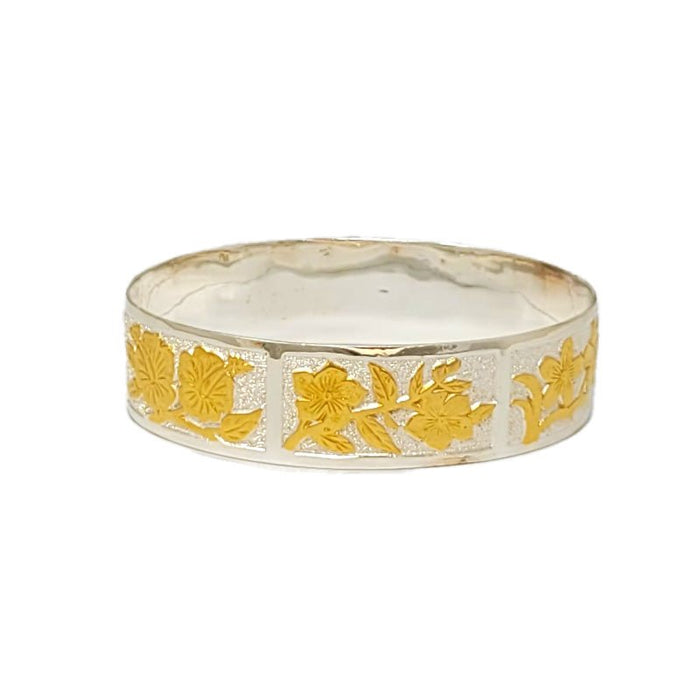 Sterling Silver Two - Tone 18mm Tropical Flowers Straight Edge Bangle - Jewelry