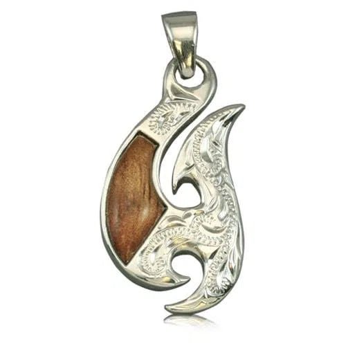 Sterling Silver with Koa Wood Fish Hook Pendant - Jewelry