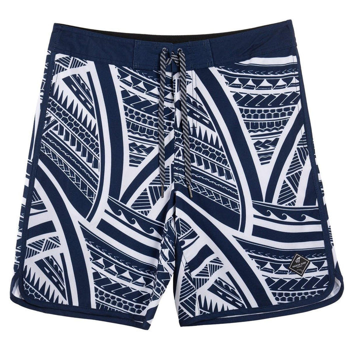 Wailoa “Navy and White Tribal” Board Shorts Paradise Isle Creations