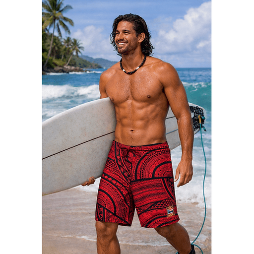 Wailoa “Red Tribal w/ Coat of Arms” Board Shorts Paradise Isle Creations