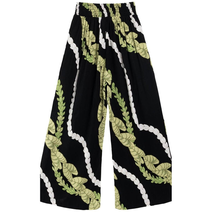 Women's Rayon Smock Waist Pants, "Kalo / Pikake Lei", Black Paradise Isle Creations