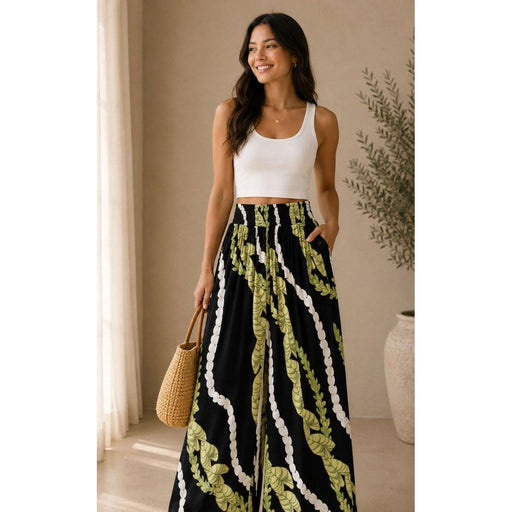 Women's Rayon Smock Waist Pants, "Kalo / Pikake Lei", Black Paradise Isle Creations