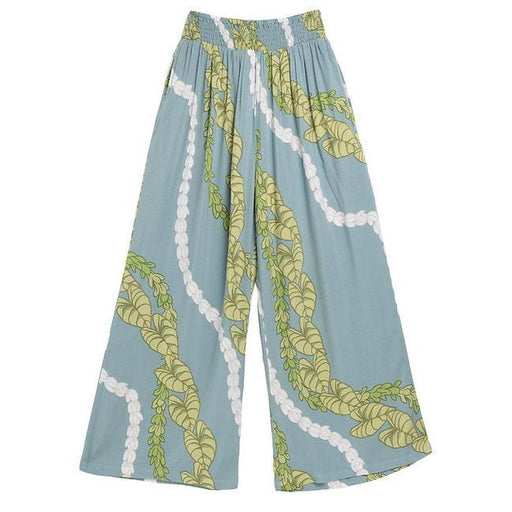 Women's Rayon Smock Waist Pants, "Kalo / Pikake Lei", Blue Paradise Isle Creations