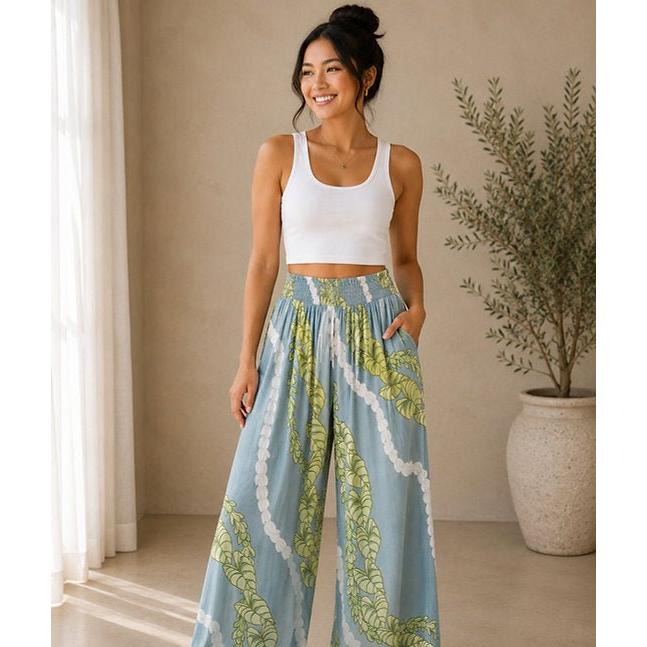 Women's Rayon Smock Waist Pants, "Kalo / Pikake Lei", Blue Paradise Isle Creations