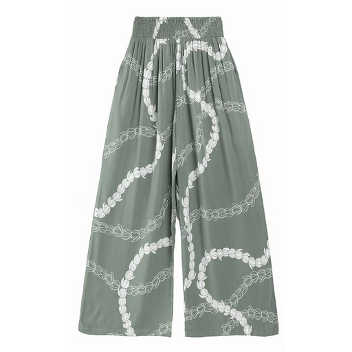 Women's Rayon Smock Waist Pants, "Pikake Lei", Sage Green Paradise Isle Creations