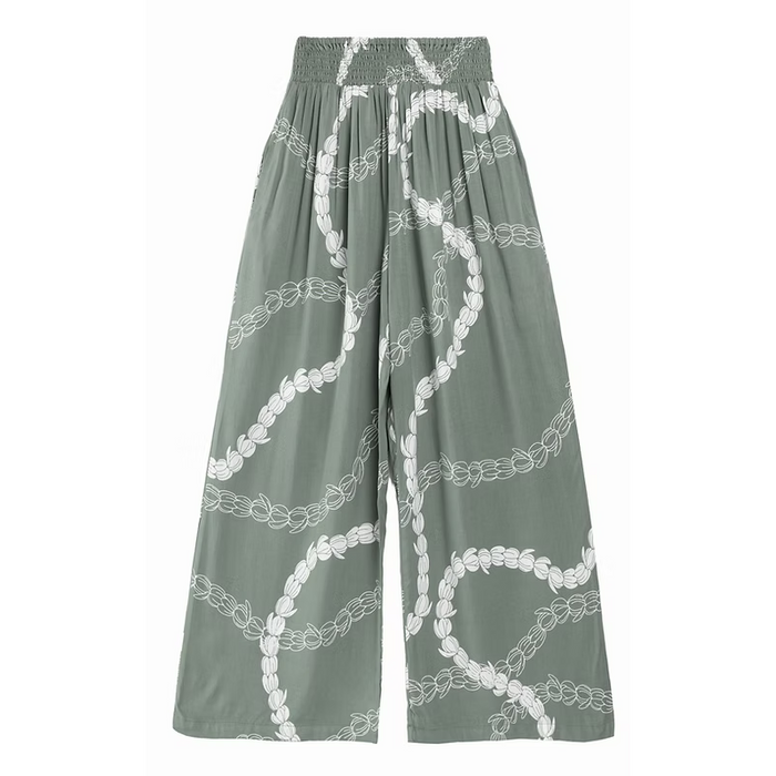 Women's Rayon Smock Waist Pants, "Pikake Lei", Sage Green Paradise Isle Creations