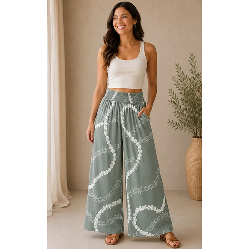 Women's Rayon Smock Waist Pants, "Pikake Lei", Sage Green Paradise Isle Creations