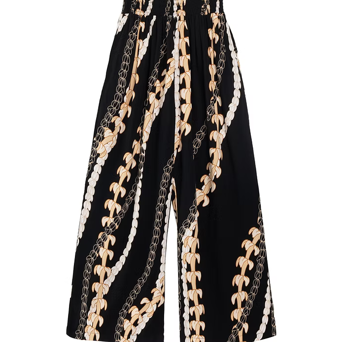 Women's Rayon Smock Waist Pants, Puakenikeni / Pikake Lei, Black Paradise Isle Creations