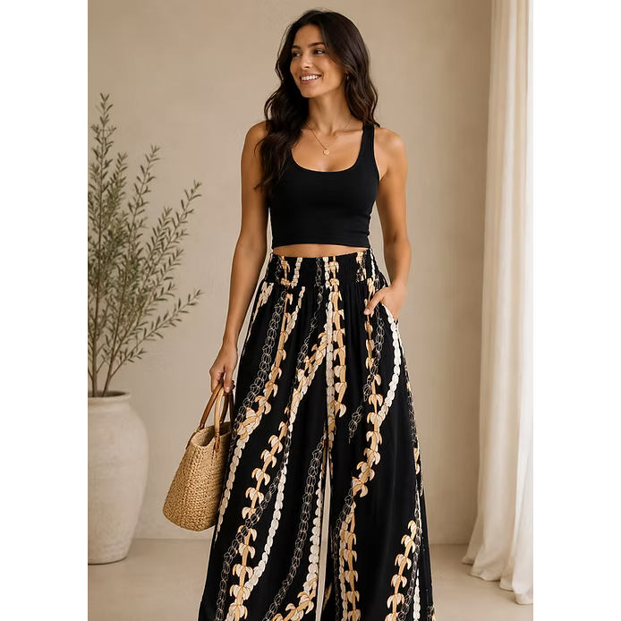 Women's Rayon Smock Waist Pants, Puakenikeni / Pikake Lei, Black Paradise Isle Creations