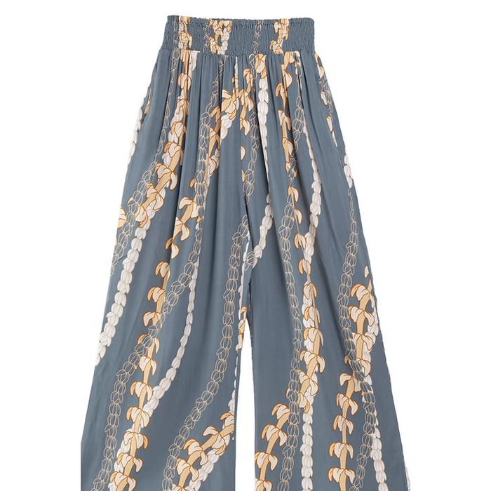Women's Rayon Smock Waist Pants, Puakenikeni / Pikake Lei, Grey Paradise Isle Creations