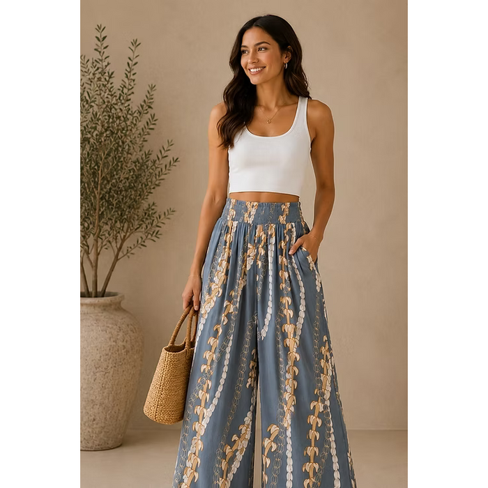 Women's Rayon Smock Waist Pants, Puakenikeni / Pikake Lei, Grey Paradise Isle Creations