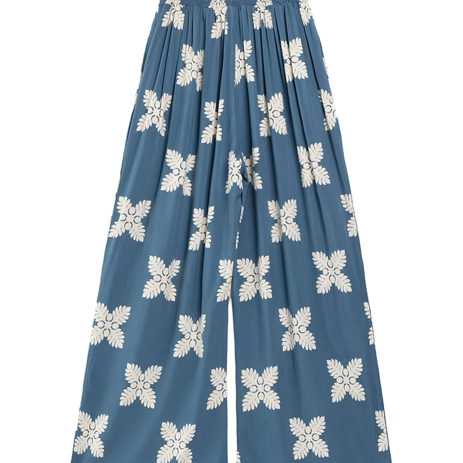 Women's Rayon Smock Waist Pants, "Blue Ulu Quilt", Blue Paradise Isle Creations