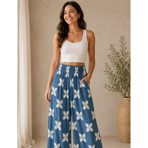 Women's Rayon Smock Waist Pants, "Blue Ulu Quilt", Blue Paradise Isle Creations