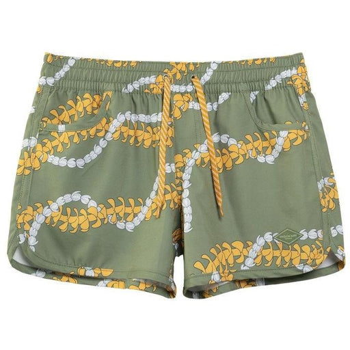 Womens Waiola Board Shorts, Sage Green Puakenikeni Lei Paradise Isle Creations