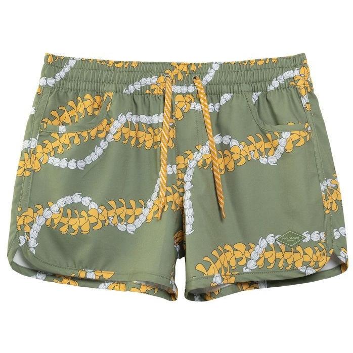 Womens Waiola Board Shorts, Sage Green Puakenikeni Lei Paradise Isle Creations