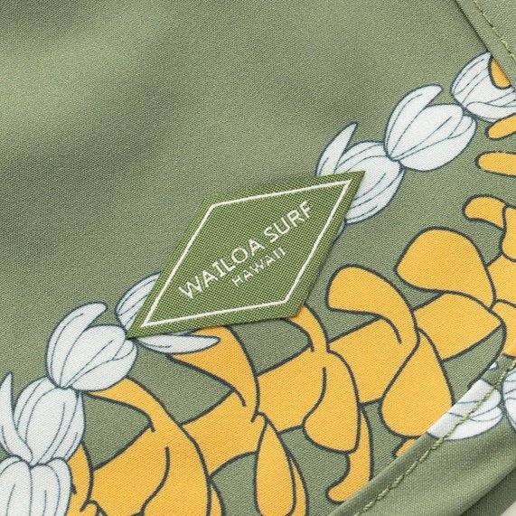 Womens Waiola Board Shorts, Sage Green Puakenikeni Lei Paradise Isle Creations