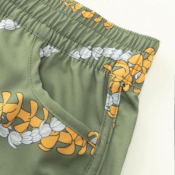 Womens Waiola Board Shorts, Sage Green Puakenikeni Lei Paradise Isle Creations