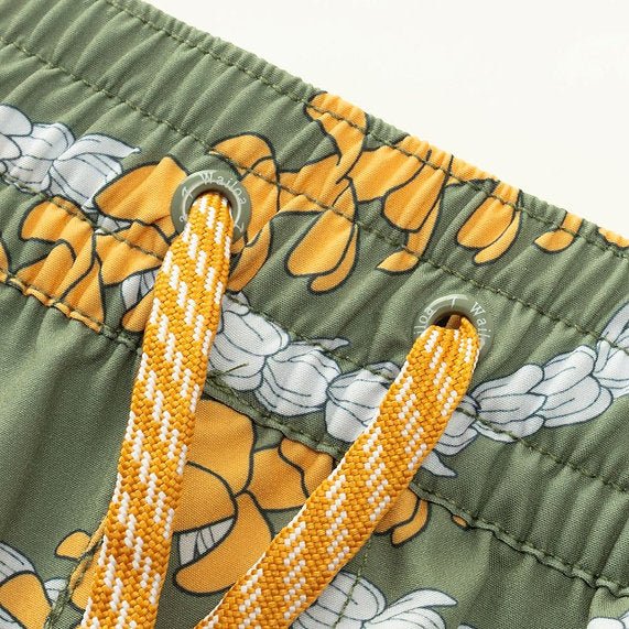 Womens Waiola Board Shorts, Sage Green Puakenikeni Lei Paradise Isle Creations