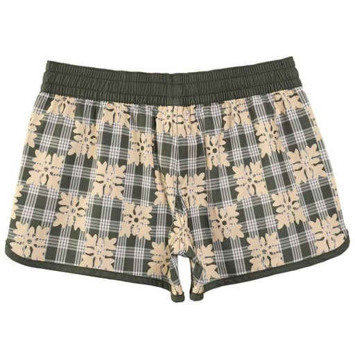 Womens Waiola Board Shorts, Warm Eucalyptus Hawaiian Quilt Paradise Isle Creations