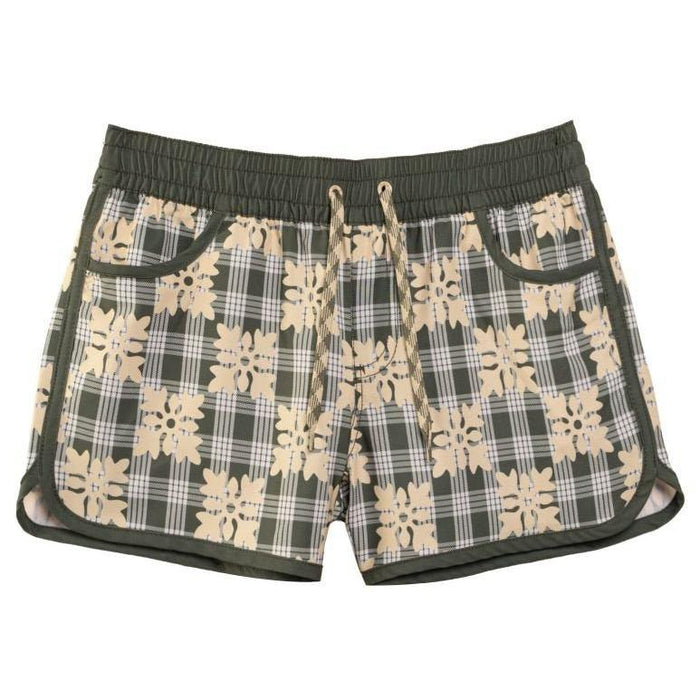 Womens Waiola Board Shorts, Warm Eucalyptus Hawaiian Quilt Paradise Isle Creations