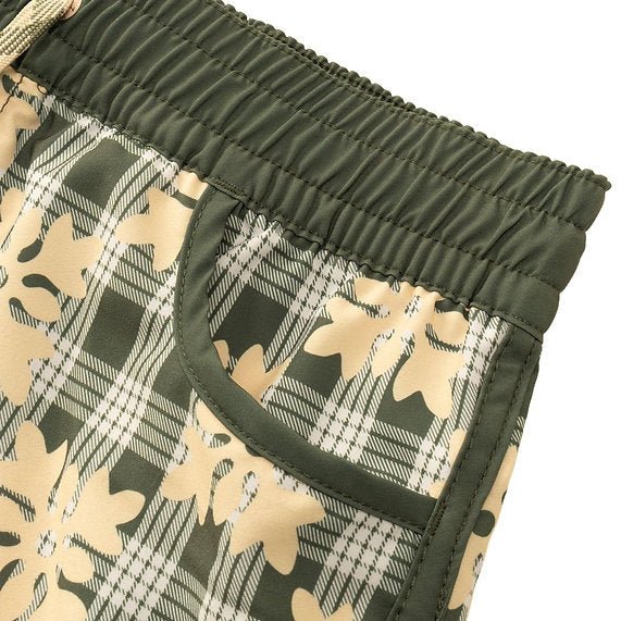 Womens Waiola Board Shorts, Warm Eucalyptus Hawaiian Quilt Paradise Isle Creations