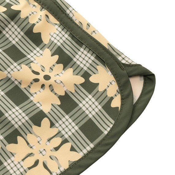 Womens Waiola Board Shorts, Warm Eucalyptus Hawaiian Quilt Paradise Isle Creations