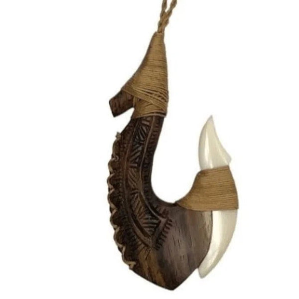 Wood & Bone Fish Hook Pendant Necklace