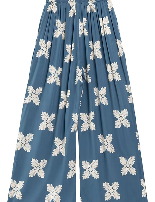 Women's Rayon Smock Waist Pants, "Blue Ulu Quilt", Blue Paradise Isle Creations