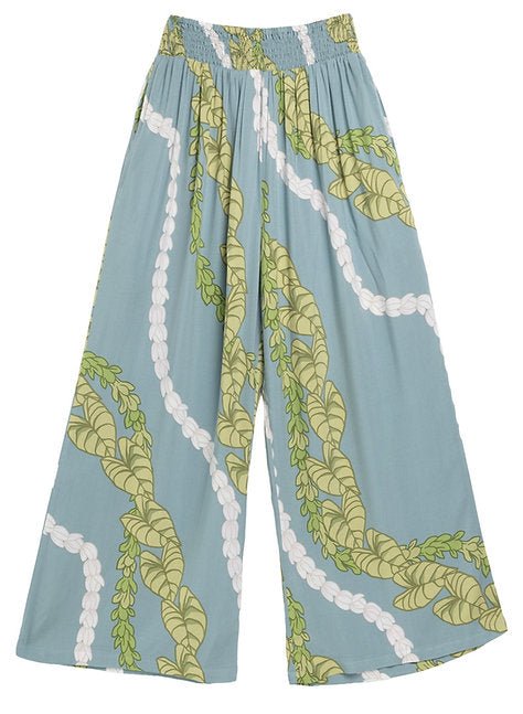 Women's Rayon Smock Waist Pants, "Kalo / Pikake Lei", Blue Paradise Isle Creations