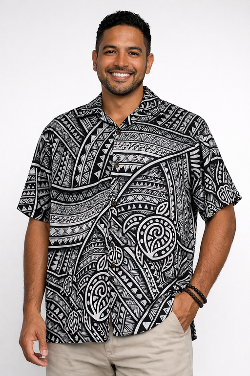 Men's “Black and White Tribal” Aloha Shirt Paradise Isle Creations
