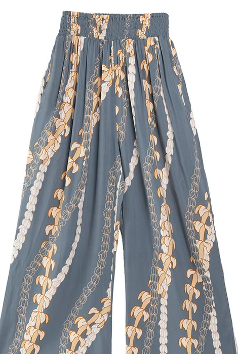 Women's Rayon Smock Waist Pants, Puakenikeni / Pikake Lei, Grey Paradise Isle Creations
