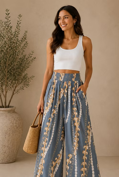 Women's Rayon Smock Waist Pants, Puakenikeni / Pikake Lei, Grey Paradise Isle Creations