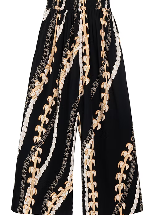 Women's Rayon Smock Waist Pants, "Kalo / Pikake Lei", Black Paradise Isle Creations