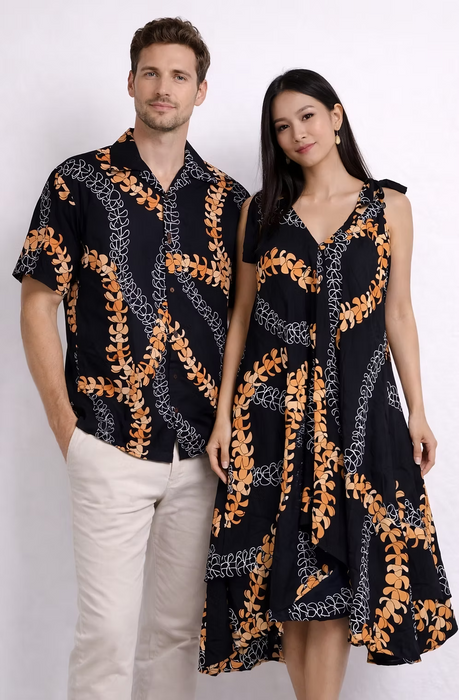 Moani Maxi Dress, Black with Yellow Puakenkeni Lei Paradise Isle Creations