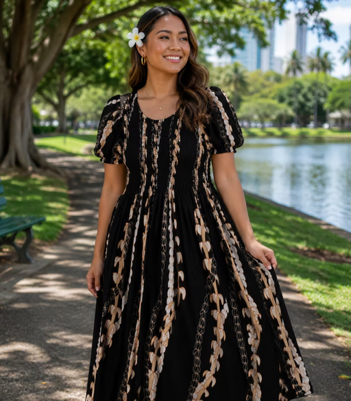 Ladies Rayon Cap Sleeve Dress, Puakenkeni/Pikake Paradise Isle Creations