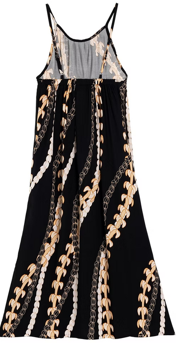 Moani Womens Long Maxi Dress "Puakenikeni Pikake Lei", Black Paradise Isle Creations