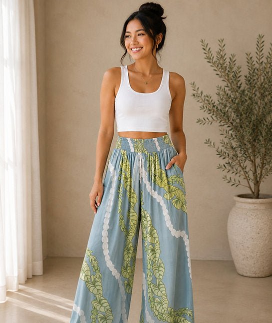 Women's Rayon Smock Waist Pants, "Kalo / Pikake Lei", Blue Paradise Isle Creations