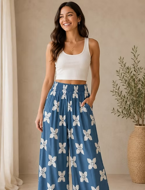 Women's Rayon Smock Waist Pants, "Blue Ulu Quilt", Blue Paradise Isle Creations