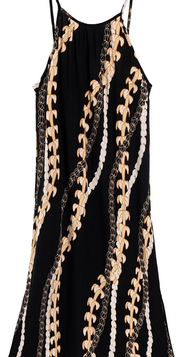 Moani Womens Long Maxi Dress "Puakenikeni Pikake Lei", Black Paradise Isle Creations