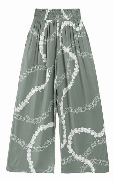 Women's Rayon Smock Waist Pants, "Pikake Lei", Sage Green Paradise Isle Creations