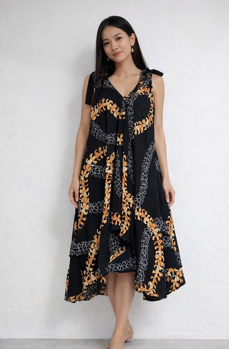 Moani Maxi Dress, Black with Yellow Puakenkeni Lei Paradise Isle Creations