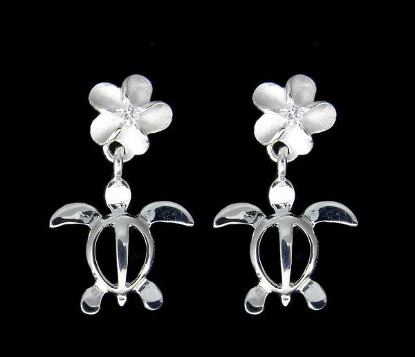 Sterling Silver Plumeria with Honu Earrings 6mm Parra Jewelry