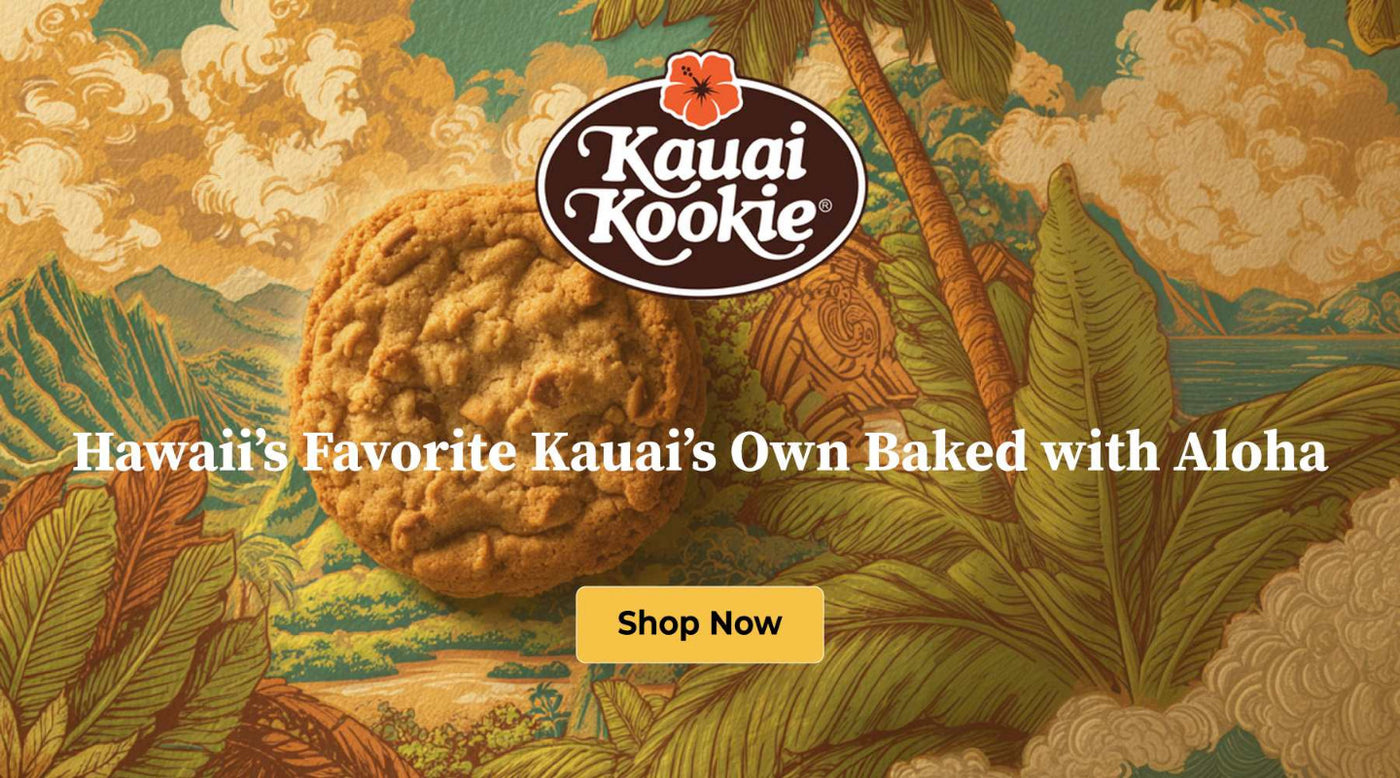 Kauai Kookie advertisement with a cookie and tropical background