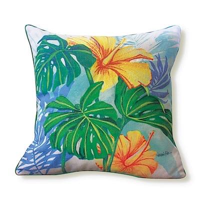 “Monstera Hibiscus”, Cotton Linen Pillow - Pillow - Leilanis Attic