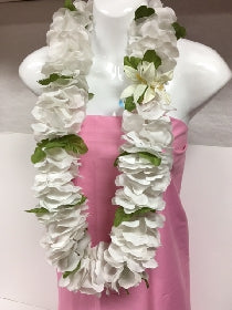 White Flower Silk Lei with Leaves