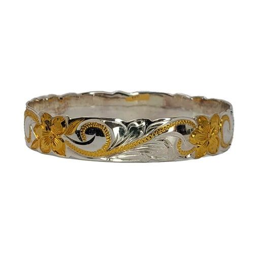 Silver Two-Tone Gold Plumeria Scroll Cut-Out Edge Bangle, 12mm - Jewelry - Leilanis Attic