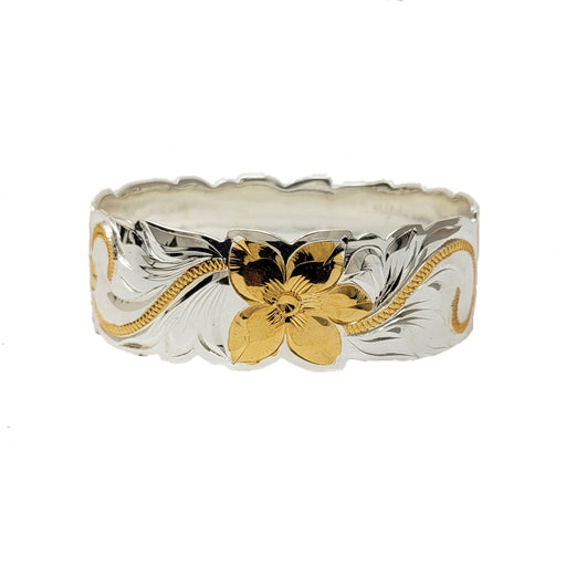 Silver Two-Tone Gold Plumeria Scroll Cut-Out Edge Bangle, 22mm - Jewelry - Leilanis Attic