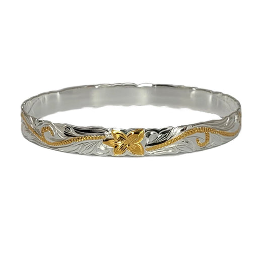Silver Two-Tone Gold Plumeria Scroll Cut-Out Edge Bangle, 8mm - Jewelry - Leilanis Attic